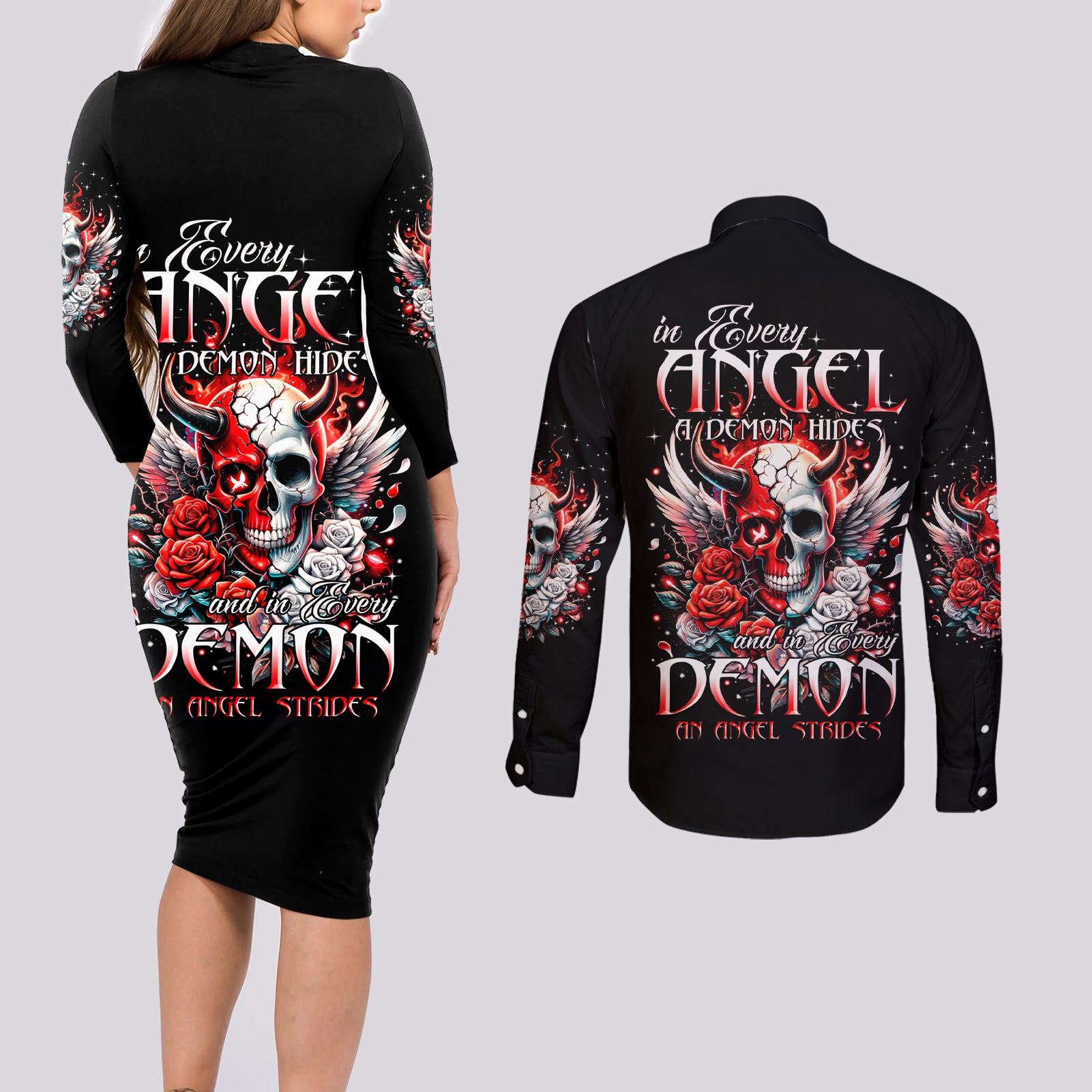 Devil Skull Couples Matching Long Sleeve Bodycon Dress and Long Sleeve Button Shirt In Every Angel A Demon Hides And In Every Demon An Angel Strides - Wonder Print Shop