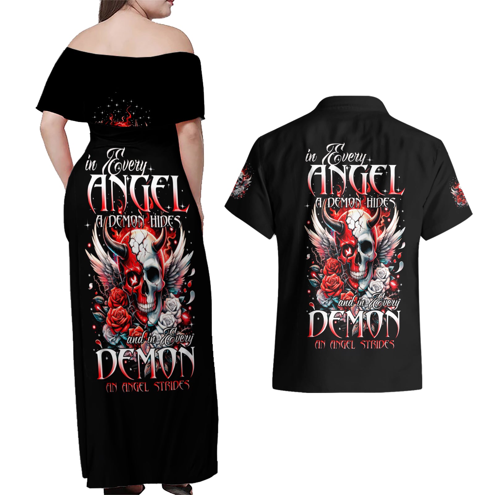 Devil Skull Couples Matching Off Shoulder Maxi Dress and Hawaiian Shirt In Every Angel A Demon Hides And In Every Demon An Angel Strides - Wonder Print Shop