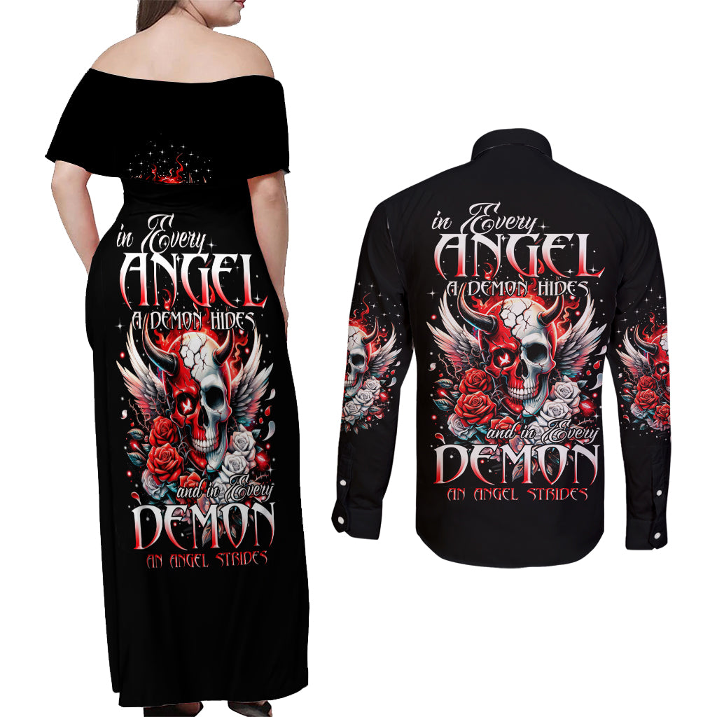 Devil Skull Couples Matching Off Shoulder Maxi Dress and Long Sleeve Button Shirt In Every Angel A Demon Hides And In Every Demon An Angel Strides - Wonder Print Shop