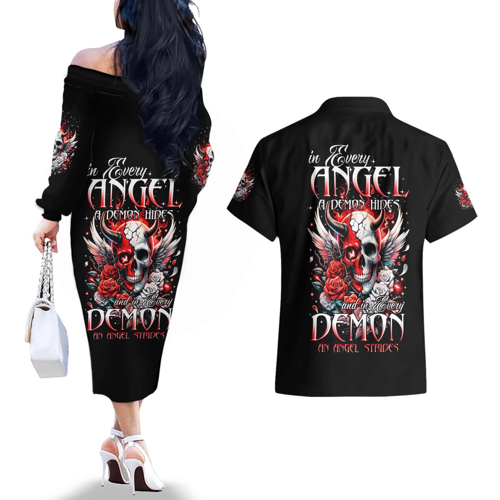 Devil Skull Couples Matching Off The Shoulder Long Sleeve Dress and Hawaiian Shirt In Every Angel A Demon Hides And In Every Demon An Angel Strides - Wonder Print Shop