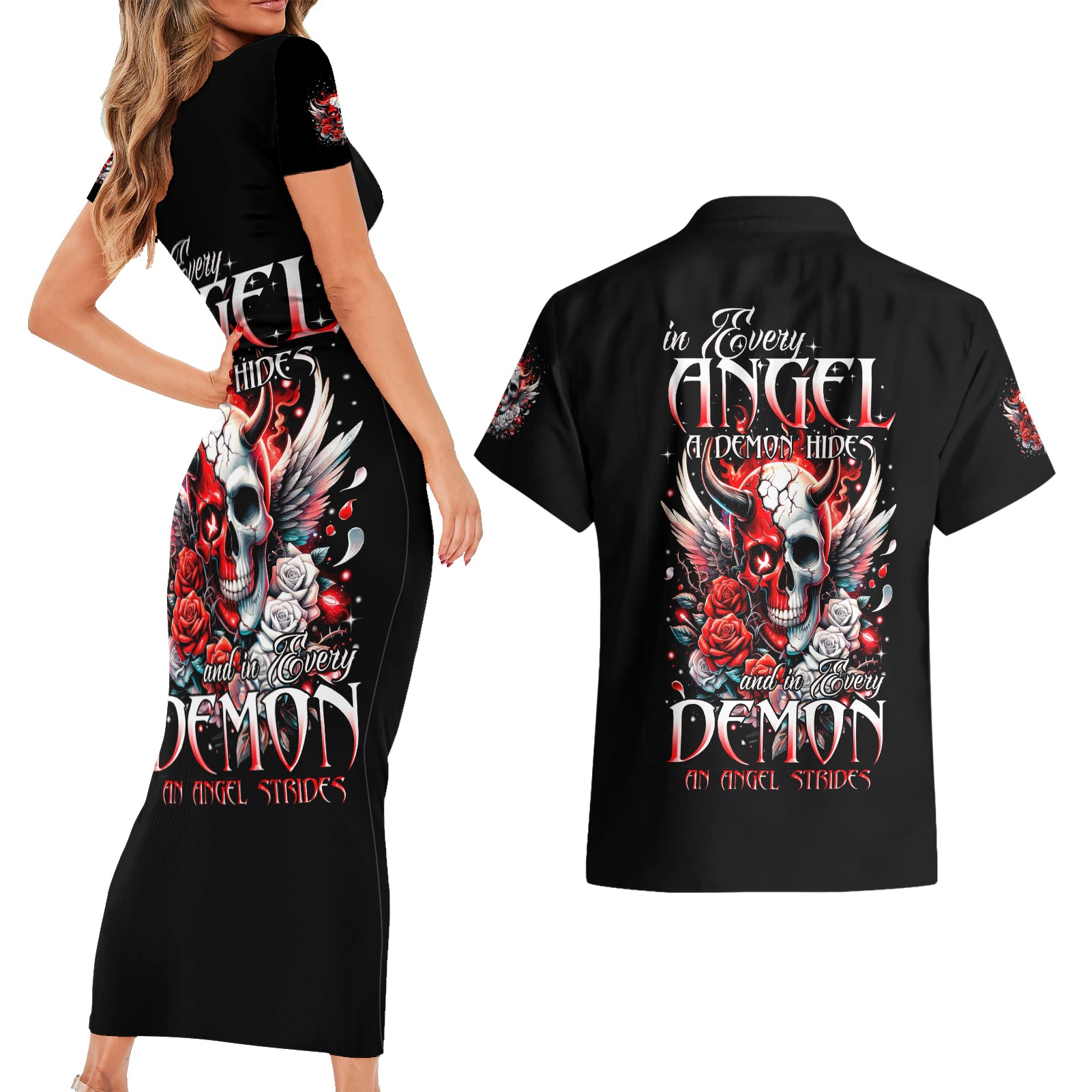 Devil Skull Couples Matching Short Sleeve Bodycon Dress and Hawaiian Shirt In Every Angel A Demon Hides And In Every Demon An Angel Strides - Wonder Print Shop