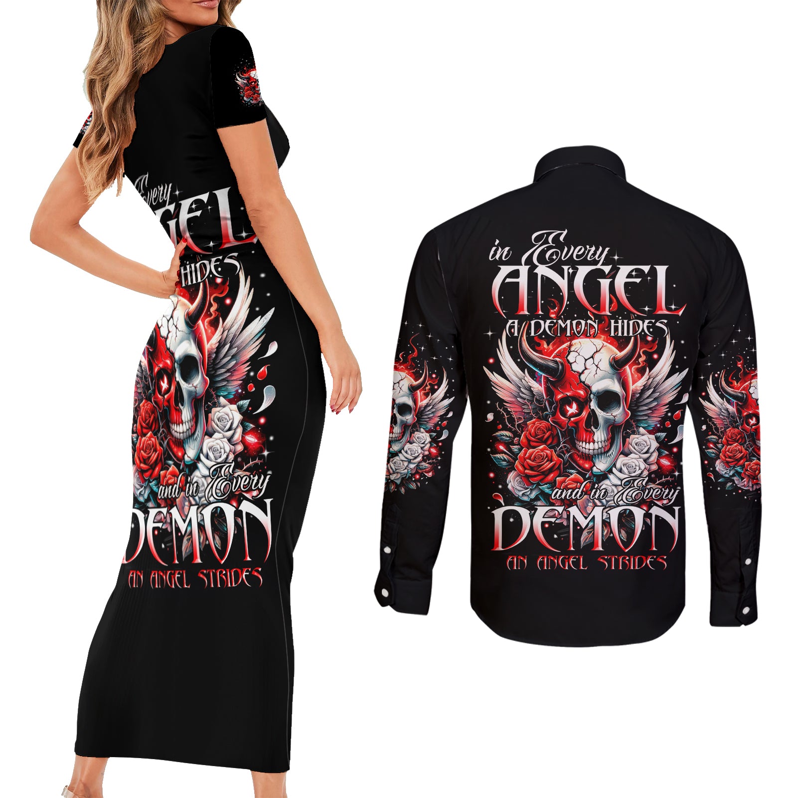 Devil Skull Couples Matching Short Sleeve Bodycon Dress and Long Sleeve Button Shirt In Every Angel A Demon Hides And In Every Demon An Angel Strides - Wonder Print Shop