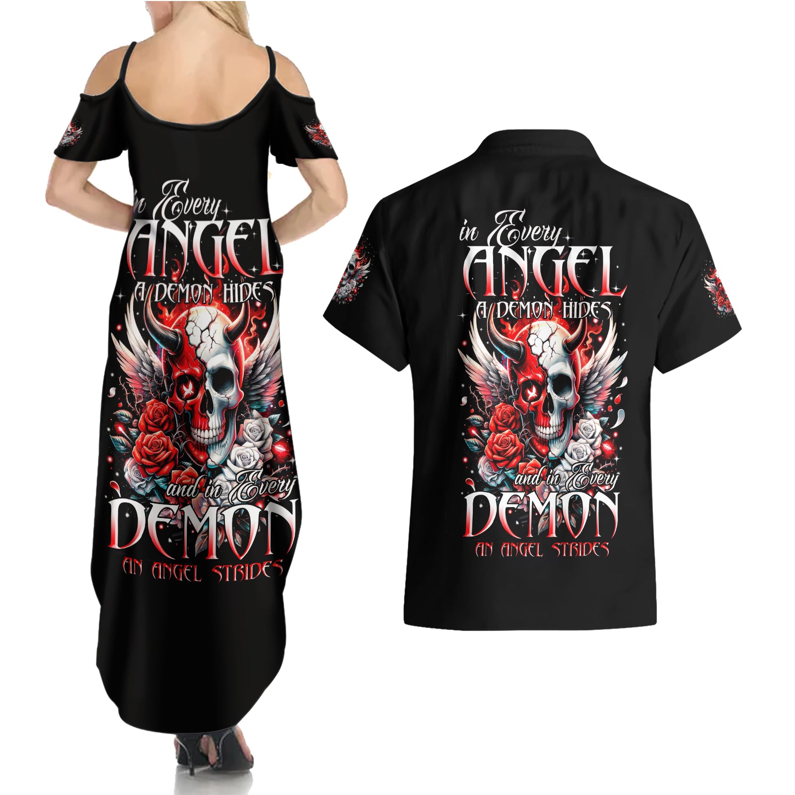 Devil Skull Couples Matching Summer Maxi Dress and Hawaiian Shirt In Every Angel A Demon Hides And In Every Demon An Angel Strides - Wonder Print Shop