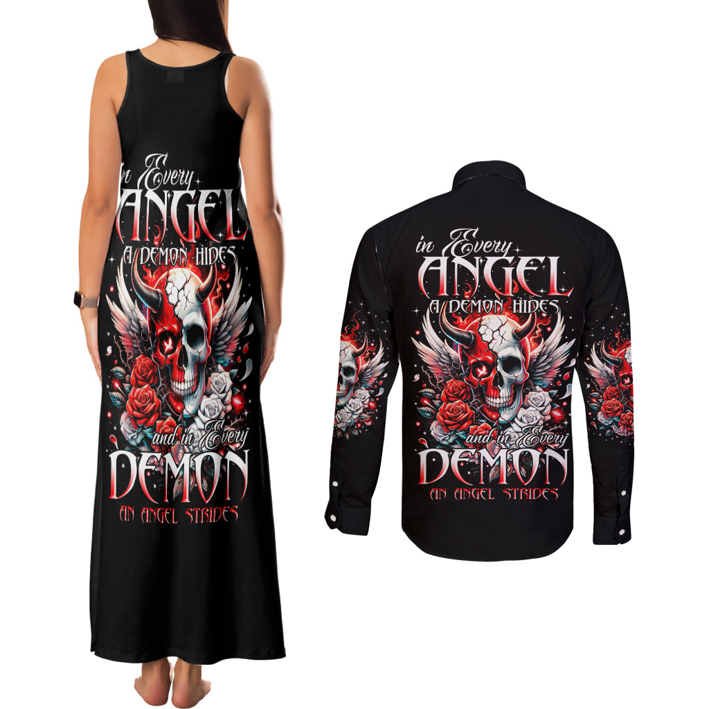 Devil Skull Couples Matching Tank Maxi Dress and Long Sleeve Button Shirt In Every Angel A Demon Hides And In Every Demon An Angel Strides - Wonder Print Shop