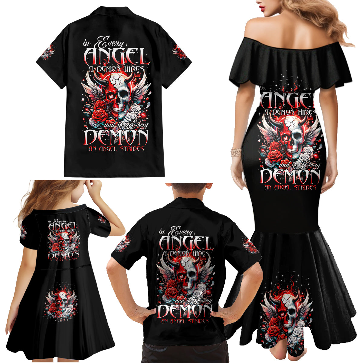 Devil Skull Family Matching Mermaid Dress and Hawaiian Shirt In Every Angel A Demon Hides And In Every Demon An Angel Strides - Wonder Print Shop