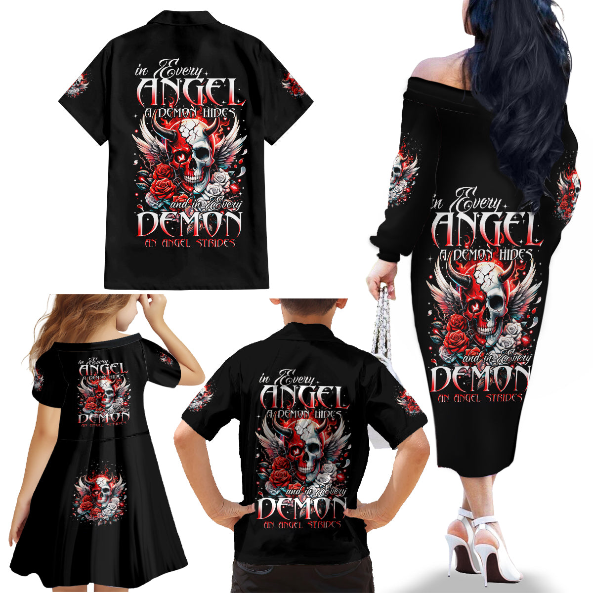 Devil Skull Family Matching Off The Shoulder Long Sleeve Dress and Hawaiian Shirt In Every Angel A Demon Hides And In Every Demon An Angel Strides - Wonder Print Shop