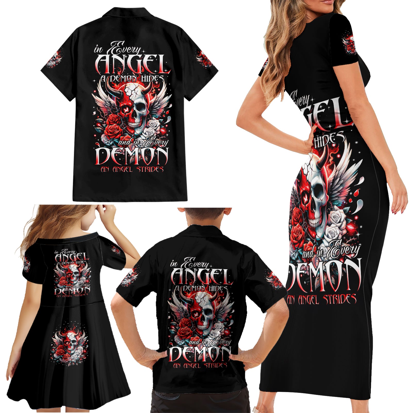 Devil Skull Family Matching Short Sleeve Bodycon Dress and Hawaiian Shirt In Every Angel A Demon Hides And In Every Demon An Angel Strides - Wonder Print Shop