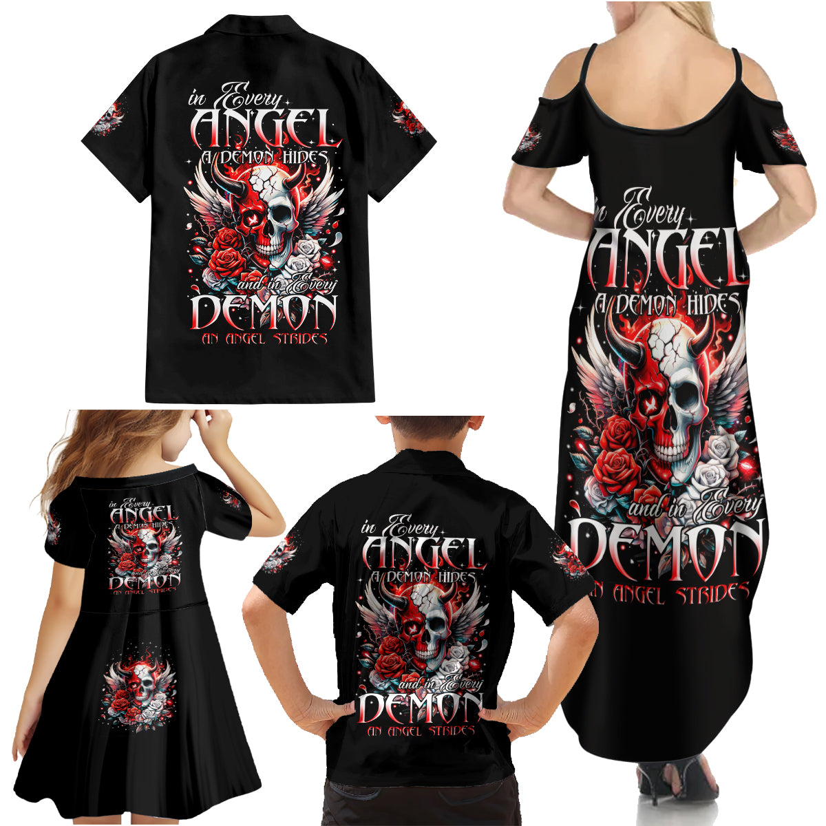 Devil Skull Family Matching Summer Maxi Dress and Hawaiian Shirt In Every Angel A Demon Hides And In Every Demon An Angel Strides - Wonder Print Shop