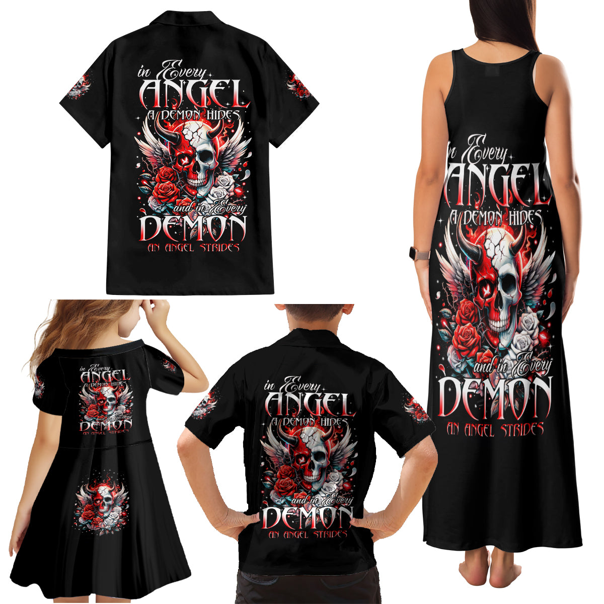 Devil Skull Family Matching Tank Maxi Dress and Hawaiian Shirt In Every Angel A Demon Hides And In Every Demon An Angel Strides - Wonder Print Shop