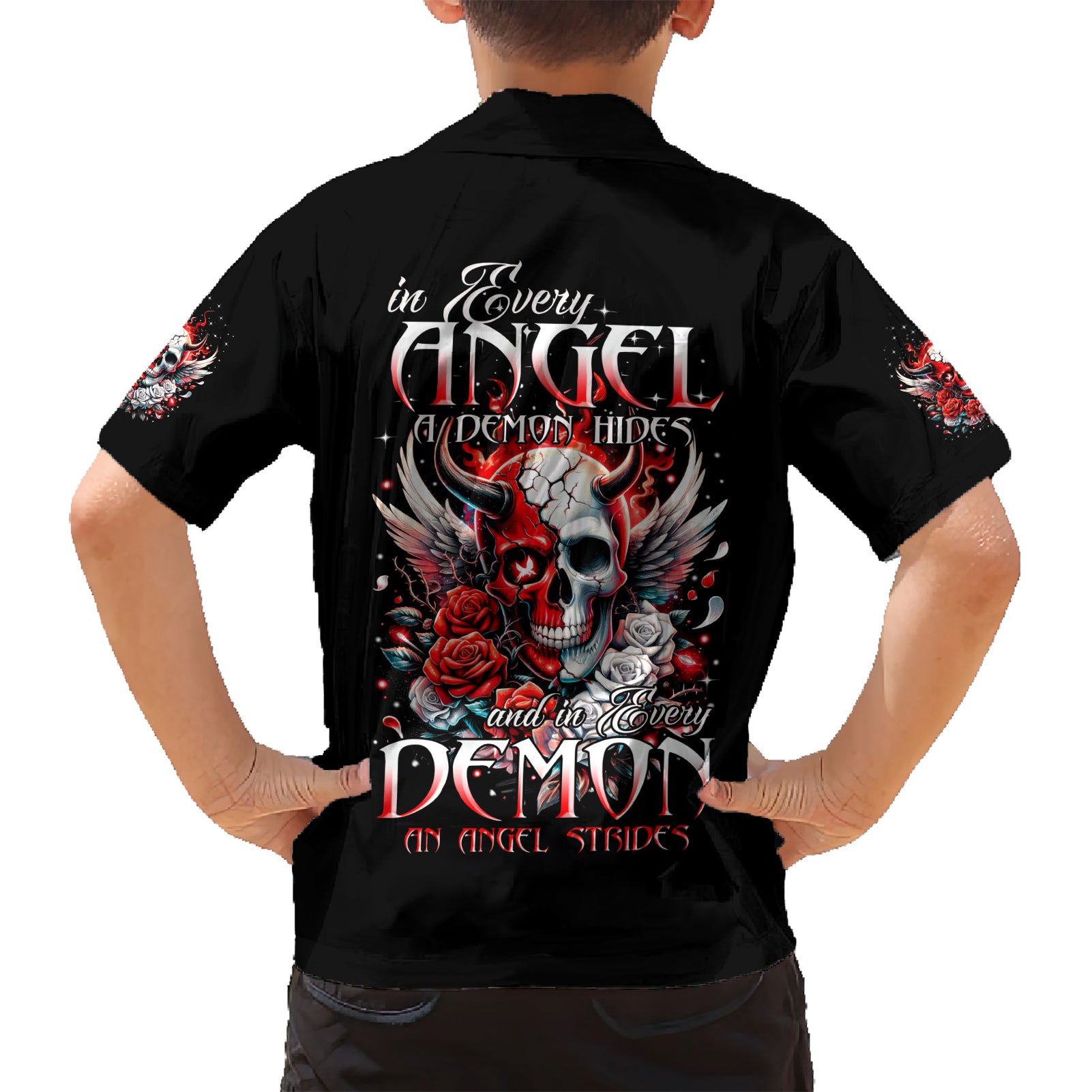 Devil Skull Kid Hawaiian Shirt In Every Angel A Demon Hides And In Every Demon An Angel Strides - Wonder Print Shop