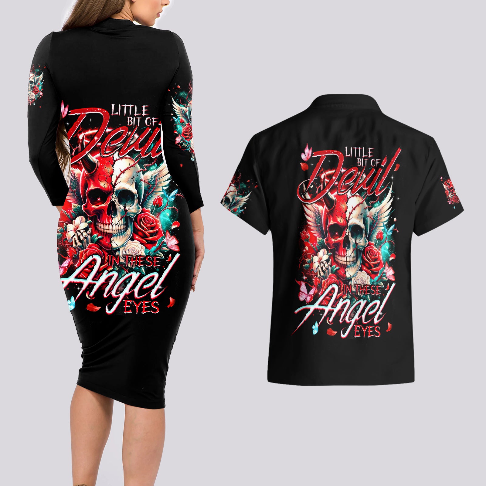 Devil Skull Couples Matching Long Sleeve Bodycon Dress and Hawaiian Shirt Little Bit Of Devil In These Angel eyes - Wonder Print Shop