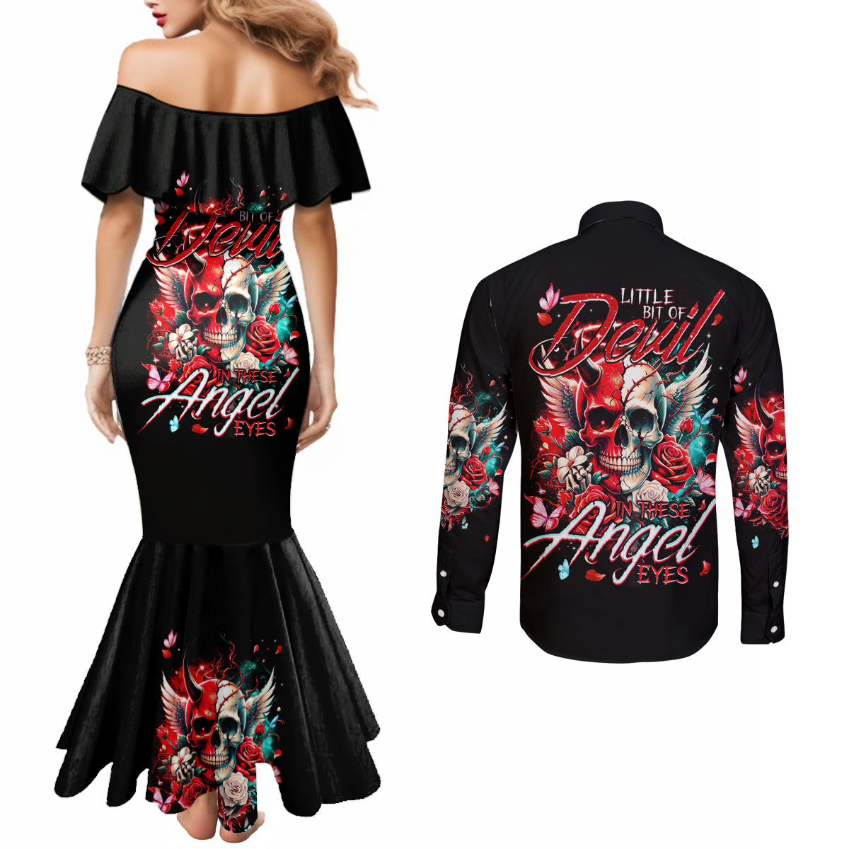 Devil Skull Couples Matching Mermaid Dress and Long Sleeve Button Shirt Little Bit Of Devil In These Angel eyes