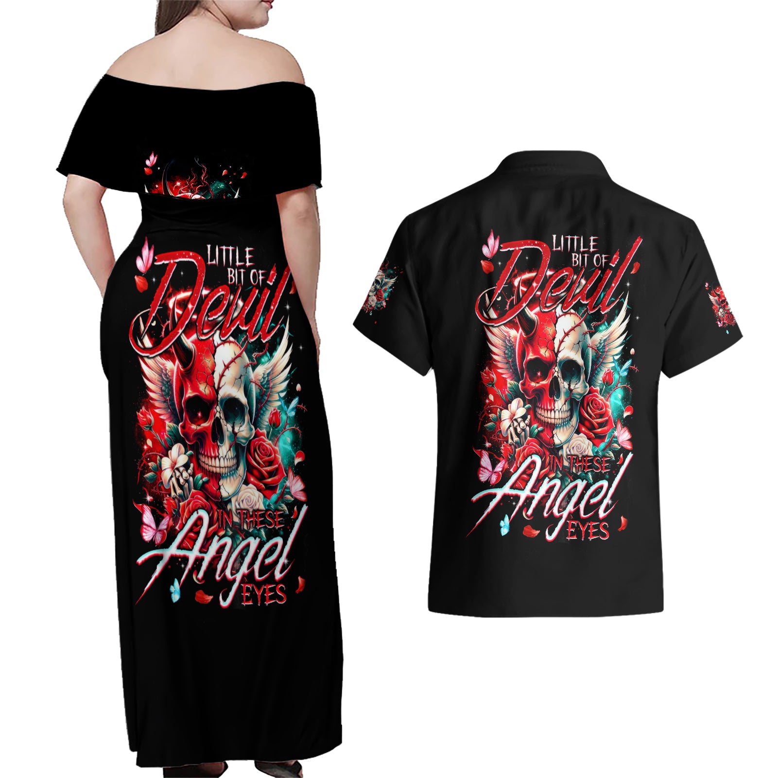 Devil Skull Couples Matching Off Shoulder Maxi Dress and Hawaiian Shirt Little Bit Of Devil In These Angel eyes - Wonder Print Shop