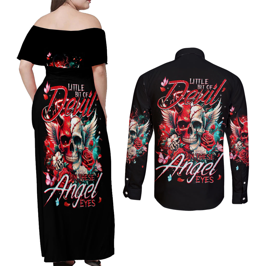 Devil Skull Couples Matching Off Shoulder Maxi Dress and Long Sleeve Button Shirt Little Bit Of Devil In These Angel eyes - Wonder Print Shop