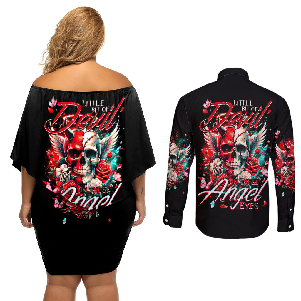 Devil Skull Couples Matching Off Shoulder Short Dress and Long Sleeve Button Shirt Little Bit Of Devil In These Angel eyes - Wonder Print Shop