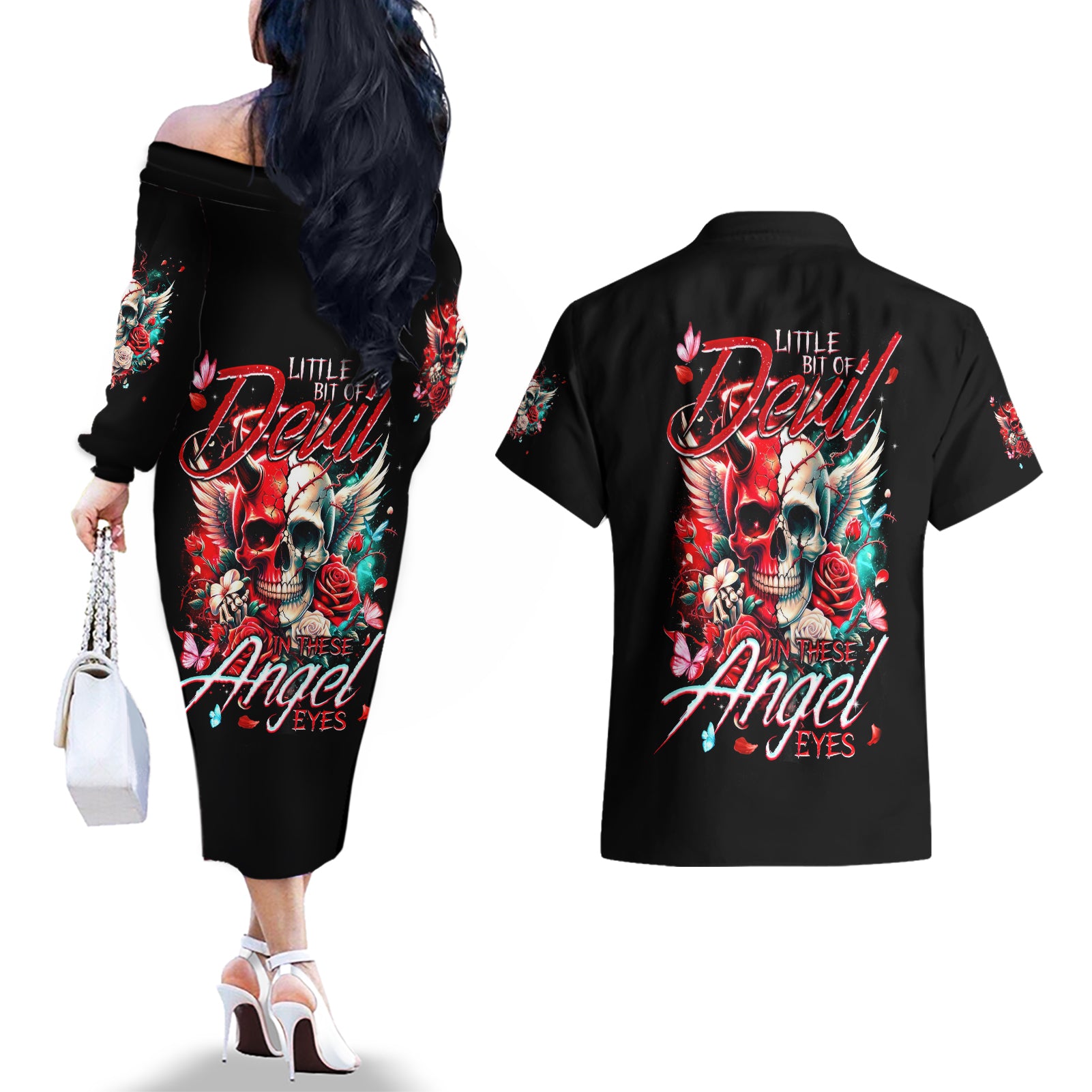 Devil Skull Couples Matching Off The Shoulder Long Sleeve Dress and Hawaiian Shirt Little Bit Of Devil In These Angel eyes - Wonder Print Shop