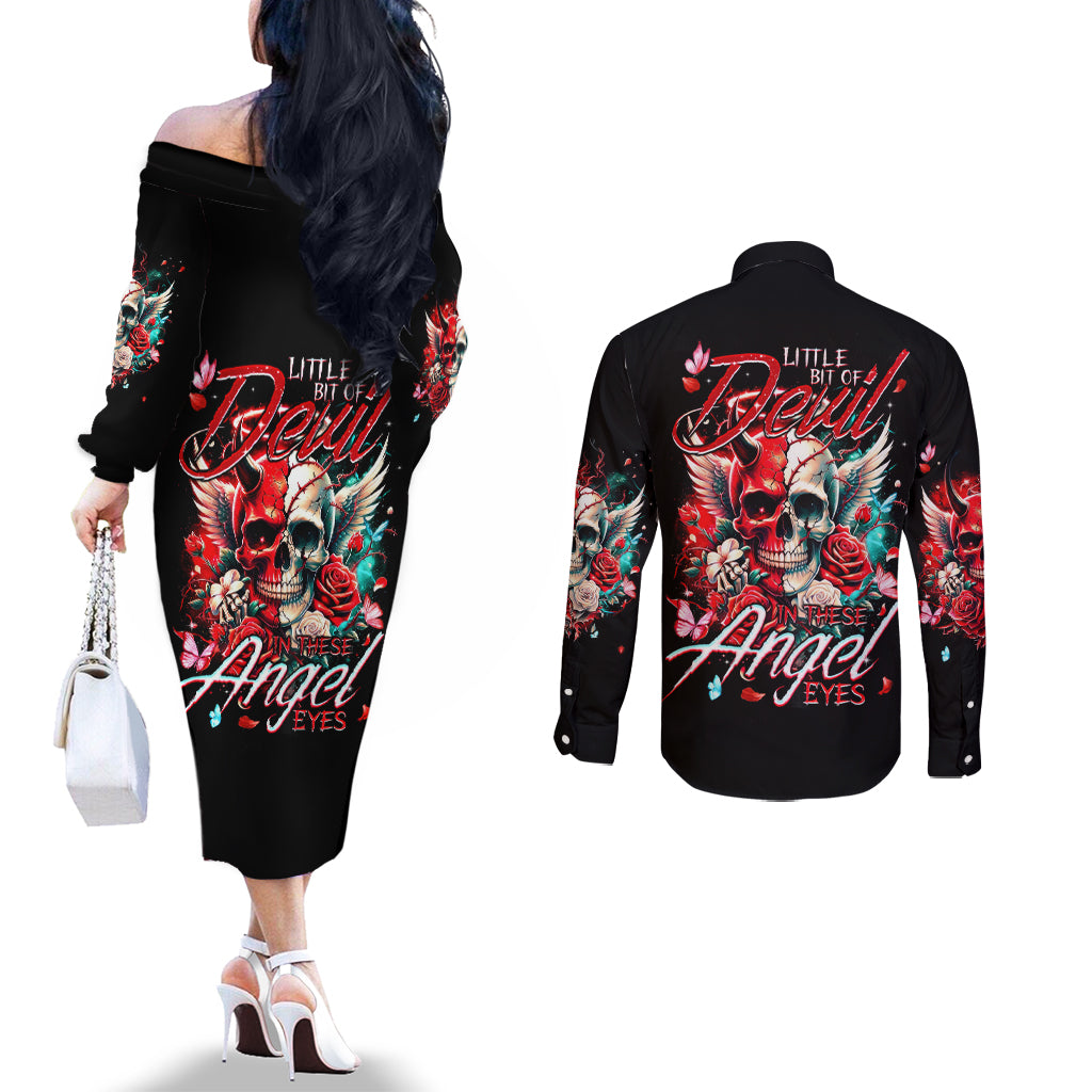 Devil Skull Couples Matching Off The Shoulder Long Sleeve Dress and Long Sleeve Button Shirt Little Bit Of Devil In These Angel eyes