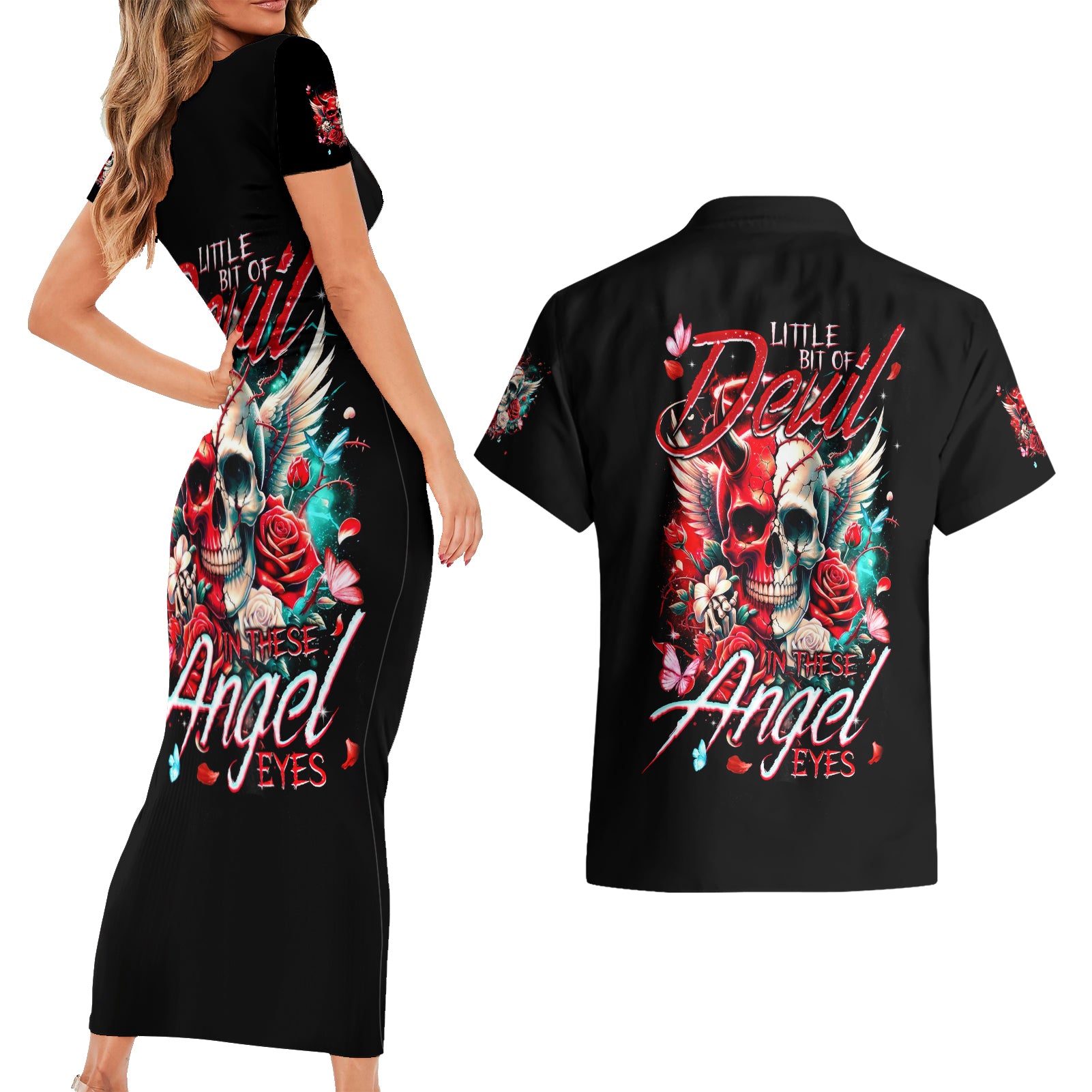 Devil Skull Couples Matching Short Sleeve Bodycon Dress and Hawaiian Shirt Little Bit Of Devil In These Angel eyes - Wonder Print Shop