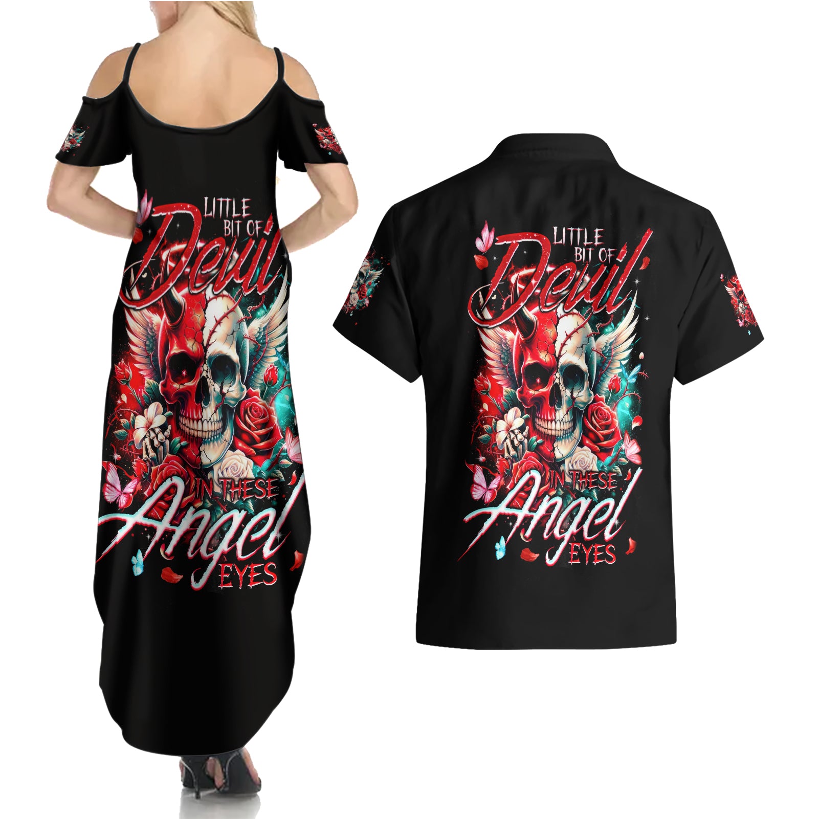 Devil Skull Couples Matching Summer Maxi Dress and Hawaiian Shirt Little Bit Of Devil In These Angel eyes - Wonder Print Shop