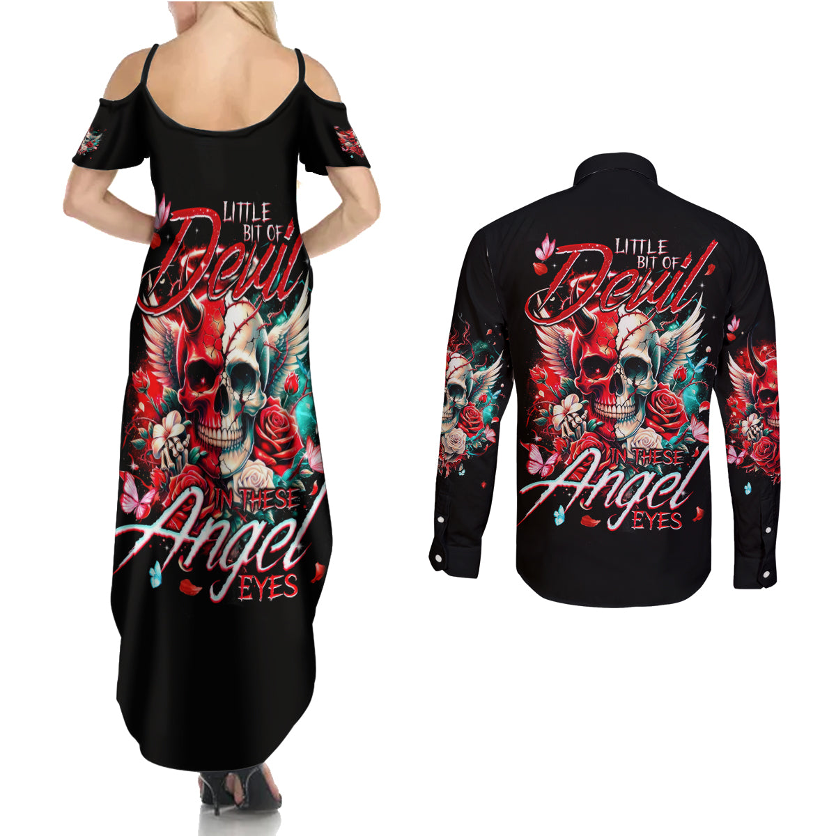 Devil Skull Couples Matching Summer Maxi Dress and Long Sleeve Button Shirt Little Bit Of Devil In These Angel eyes - Wonder Print Shop