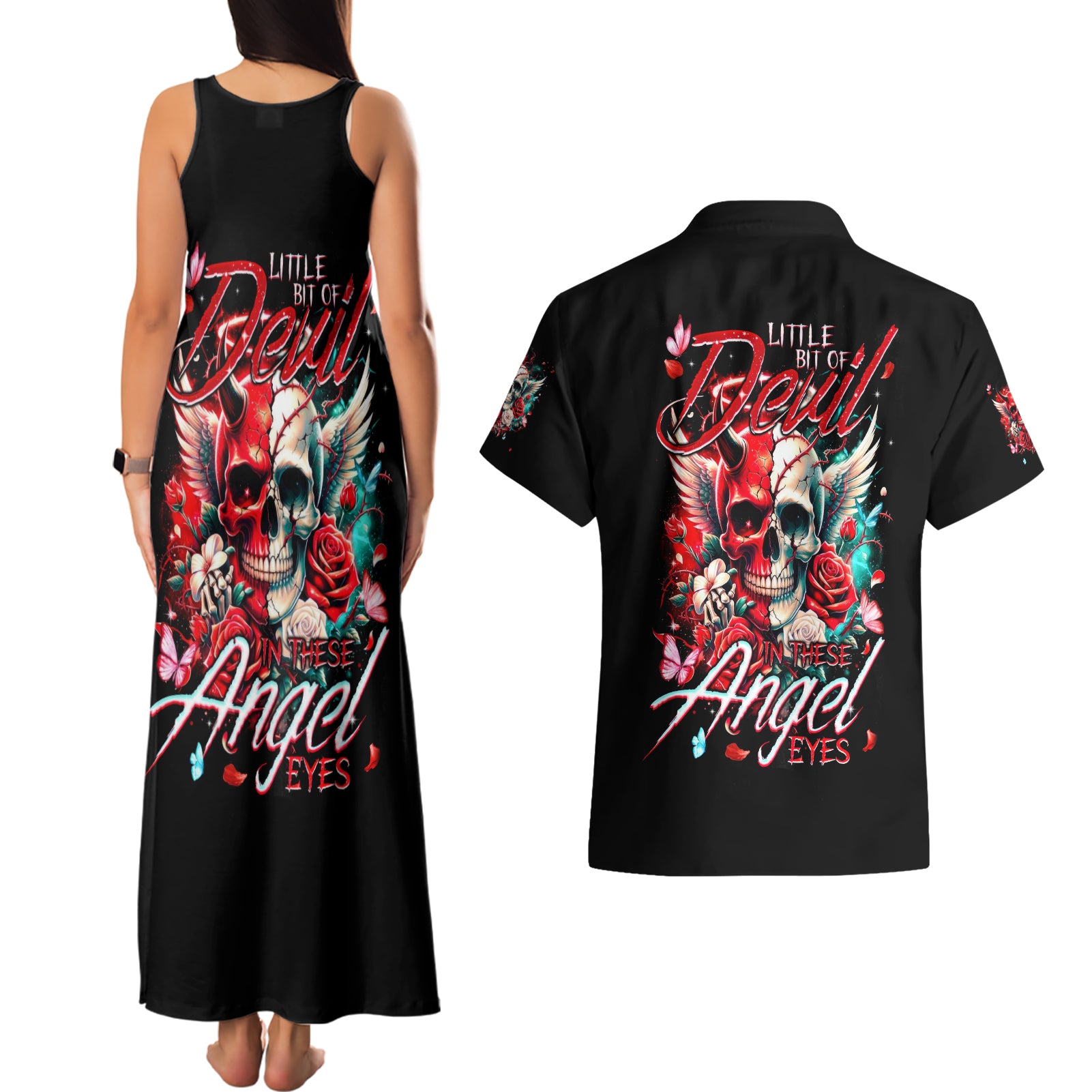 Devil Skull Couples Matching Tank Maxi Dress and Hawaiian Shirt Little Bit Of Devil In These Angel eyes - Wonder Print Shop