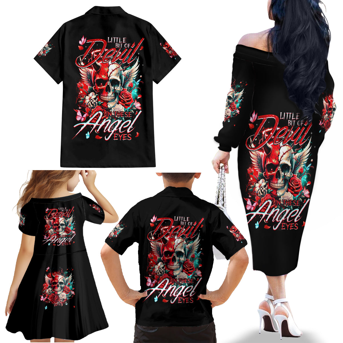 Devil Skull Family Matching Off The Shoulder Long Sleeve Dress and Hawaiian Shirt Little Bit Of Devil In These Angel eyes - Wonder Print Shop