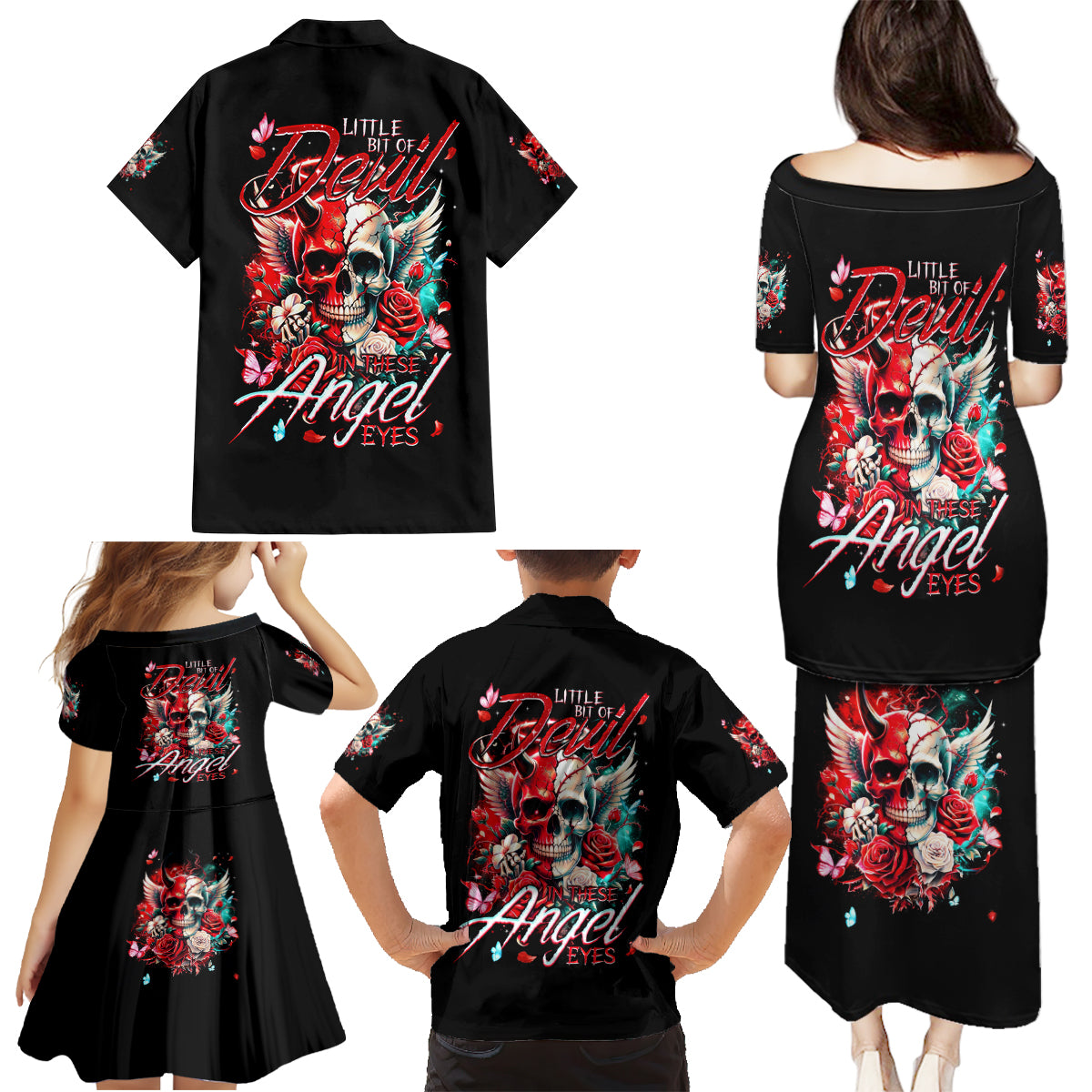 Devil Skull Family Matching Puletasi and Hawaiian Shirt Little Bit Of Devil In These Angel eyes - Wonder Print Shop