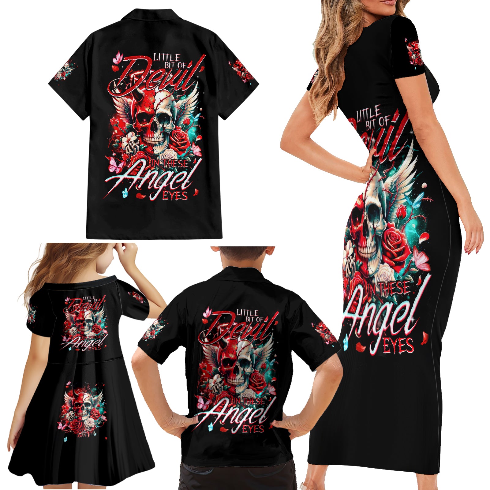 Devil Skull Family Matching Short Sleeve Bodycon Dress and Hawaiian Shirt Little Bit Of Devil In These Angel eyes - Wonder Print Shop