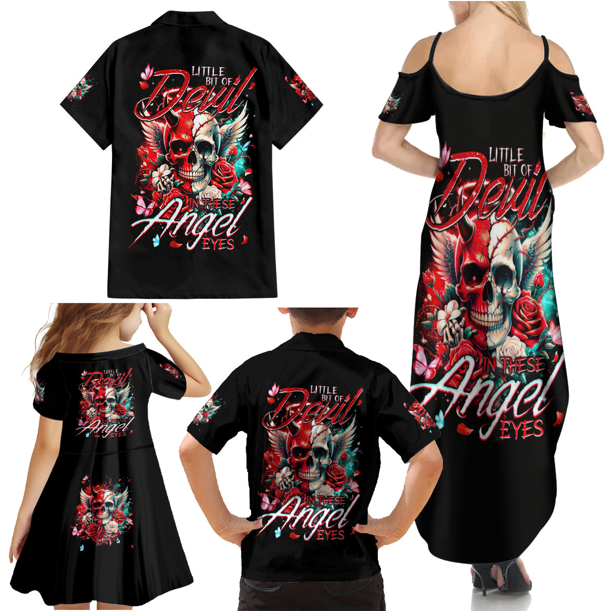 Devil Skull Family Matching Summer Maxi Dress and Hawaiian Shirt Little Bit Of Devil In These Angel eyes - Wonder Print Shop