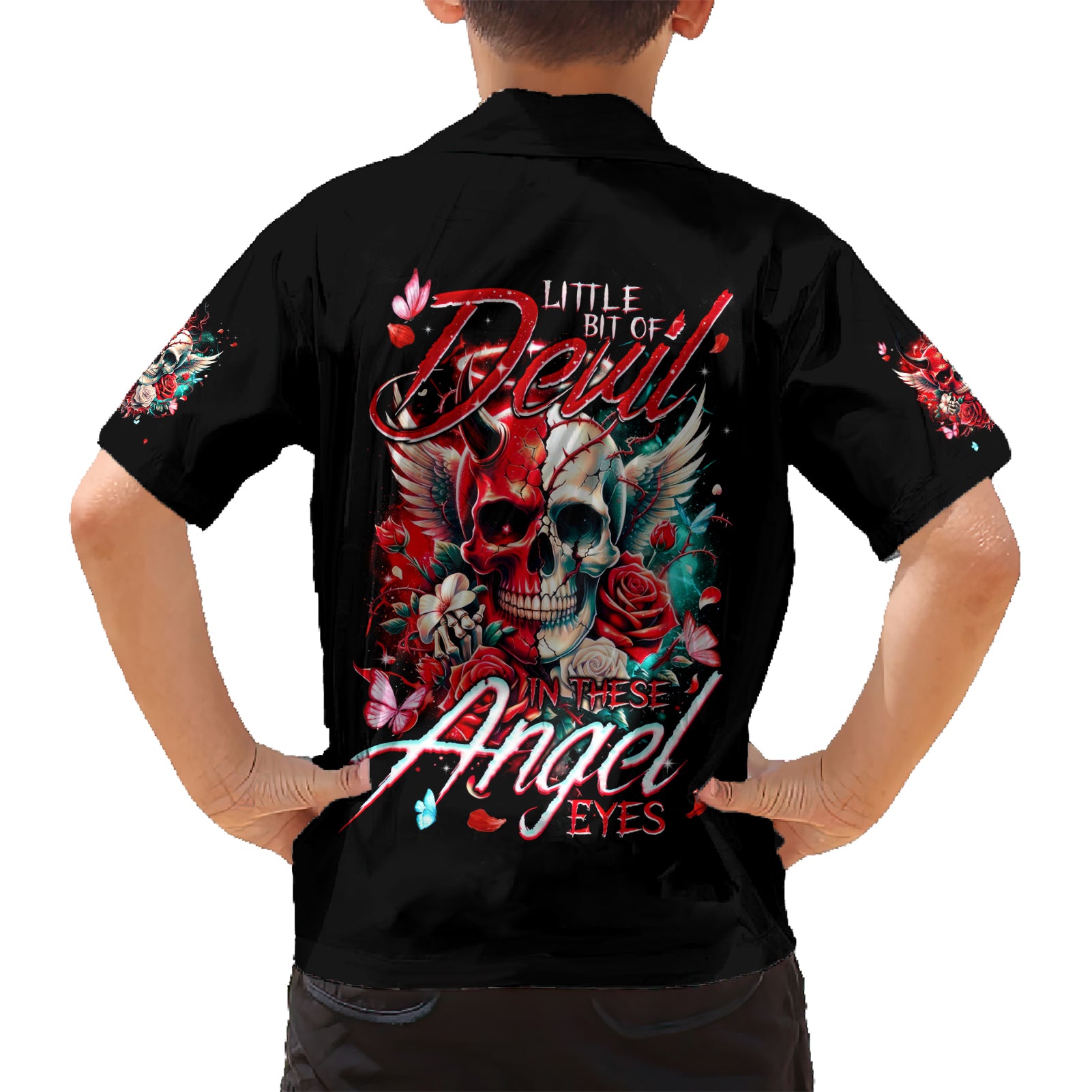 Devil Skull Kid Hawaiian Shirt Little Bit Of Devil In These Angel eyes - Wonder Print Shop