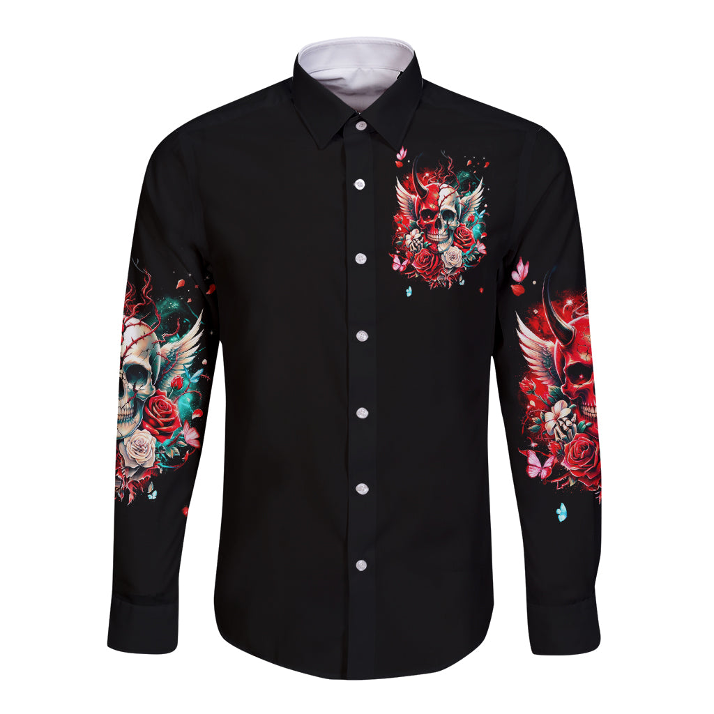 Black long-sleeve button shirt with red devil skull graphic front and sleeve art