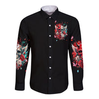 Black long-sleeve button shirt with red devil skull graphic front and sleeve art