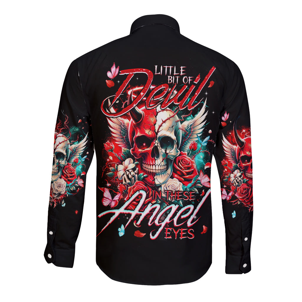 Black long-sleeve button shirt with devil skull and roses graphic on back
