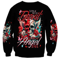 Black sweatshirt with devil skull, angel wings, roses, and colorful floral sleeve prints