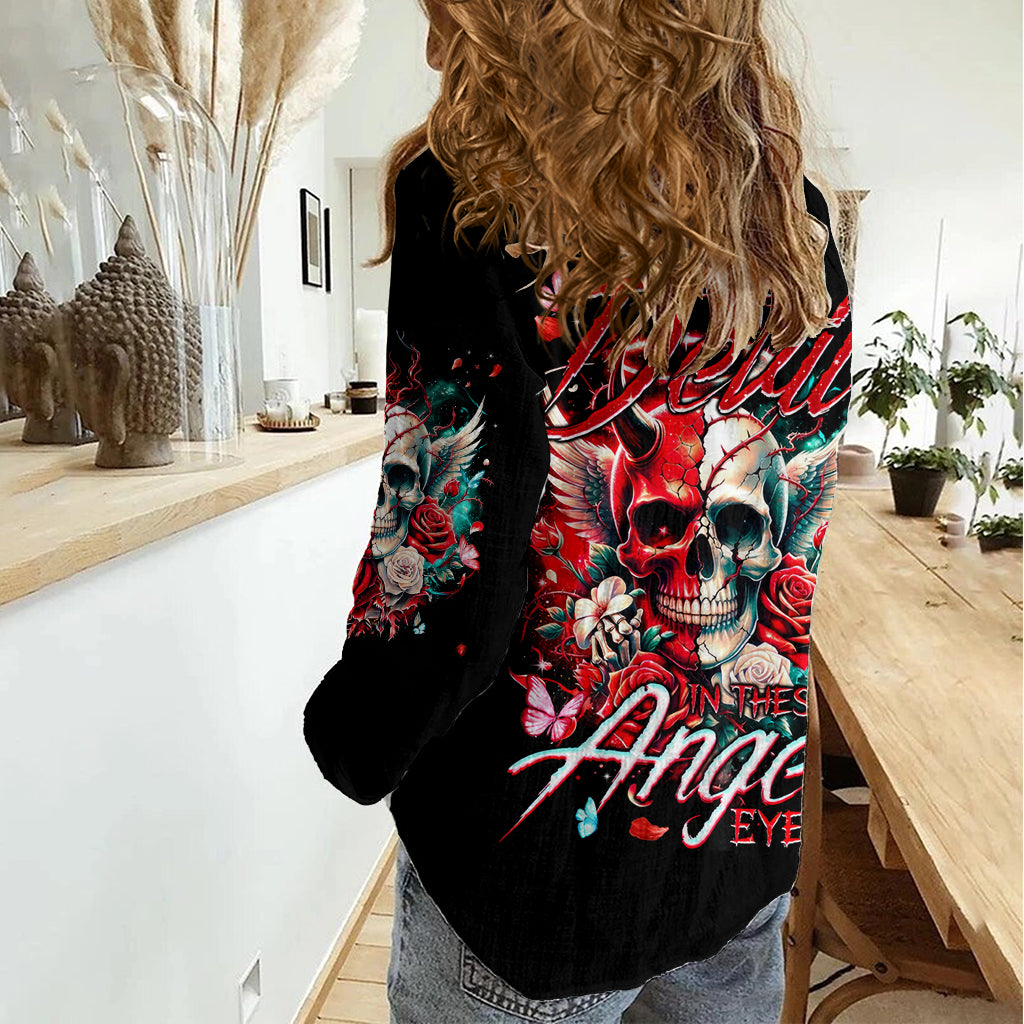 Devil Skull Women Casual Shirt Little Bit Of Devil In These Angel eyes