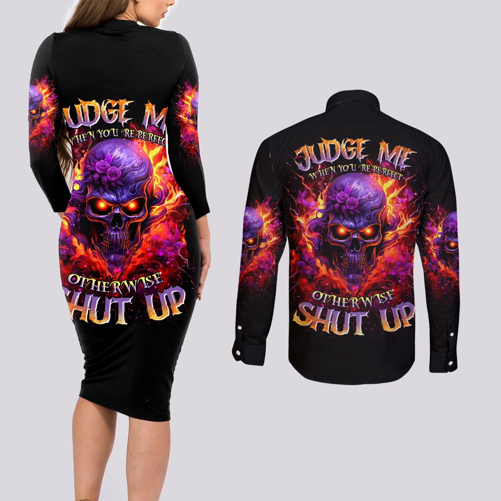 Flame Skull Couples Matching Long Sleeve Bodycon Dress and Long Sleeve Button Shirt Judge Me When You Reperfect Otherwise Shut Up - Wonder Print Shop