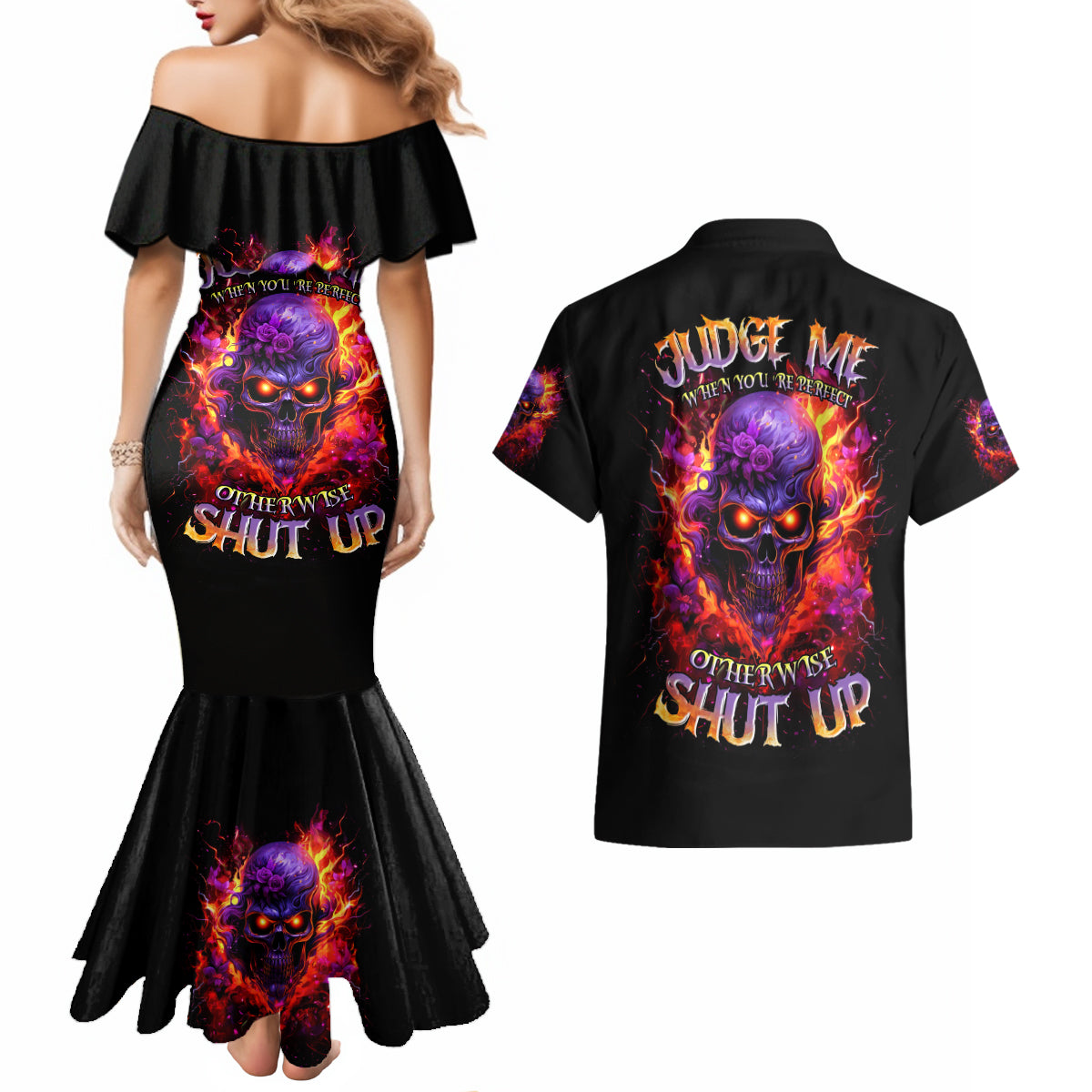 Flame Skull Couples Matching Mermaid Dress and Hawaiian Shirt Judge Me When You Reperfect Otherwise Shut Up - Wonder Print Shop