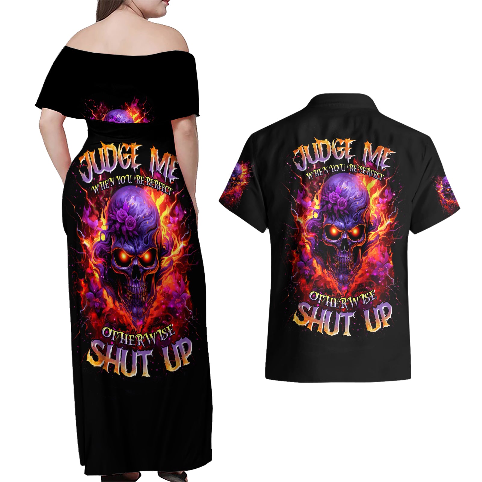 Flame Skull Couples Matching Off Shoulder Maxi Dress and Hawaiian Shirt Judge Me When You Reperfect Otherwise Shut Up - Wonder Print Shop