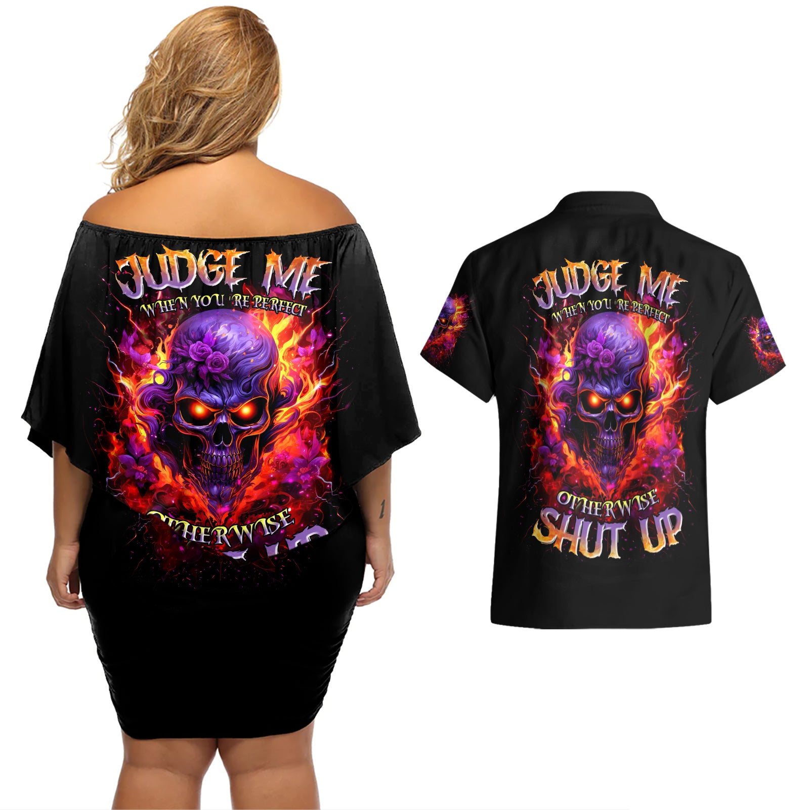 Flame Skull Couples Matching Off Shoulder Short Dress and Hawaiian Shirt Judge Me When You Reperfect Otherwise Shut Up - Wonder Print Shop