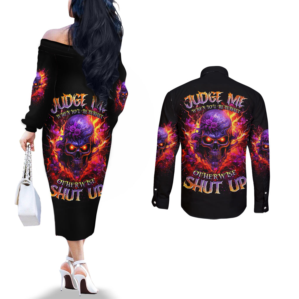 Flame Skull Couples Matching Off The Shoulder Long Sleeve Dress and Long Sleeve Button Shirt Judge Me When You Reperfect Otherwise Shut Up