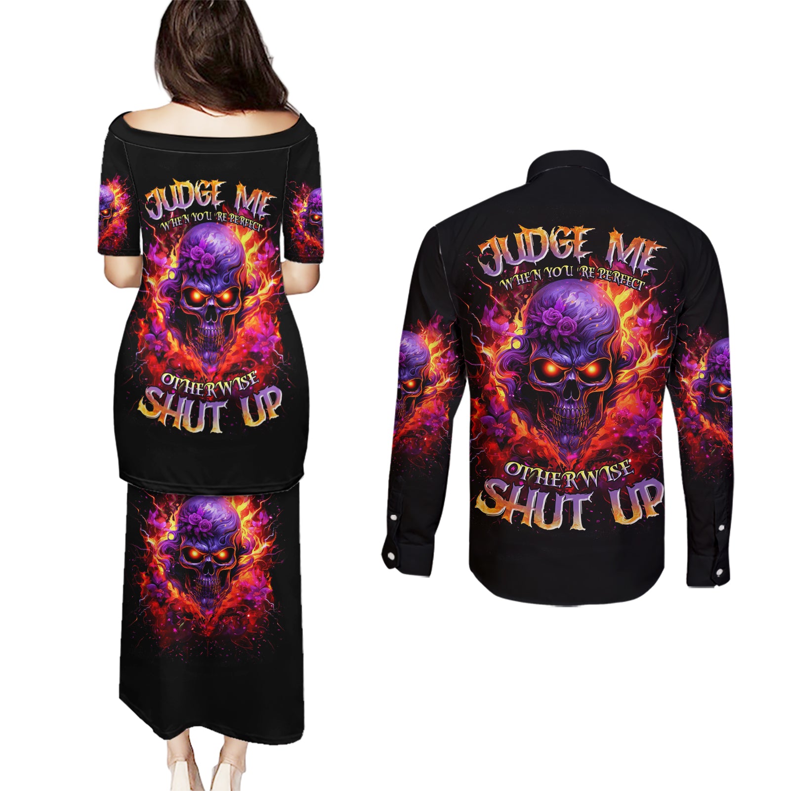 Flame Skull Couples Matching Puletasi and Long Sleeve Button Shirt Judge Me When You Reperfect Otherwise Shut Up - Wonder Print Shop