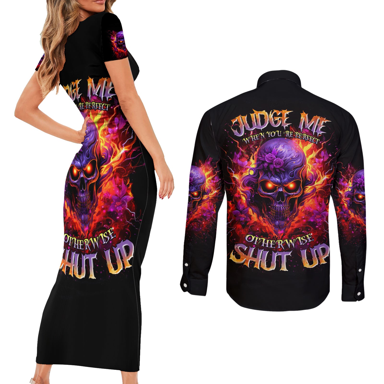 Flame Skull Couples Matching Short Sleeve Bodycon Dress and Long Sleeve Button Shirt Judge Me When You Reperfect Otherwise Shut Up - Wonder Print Shop