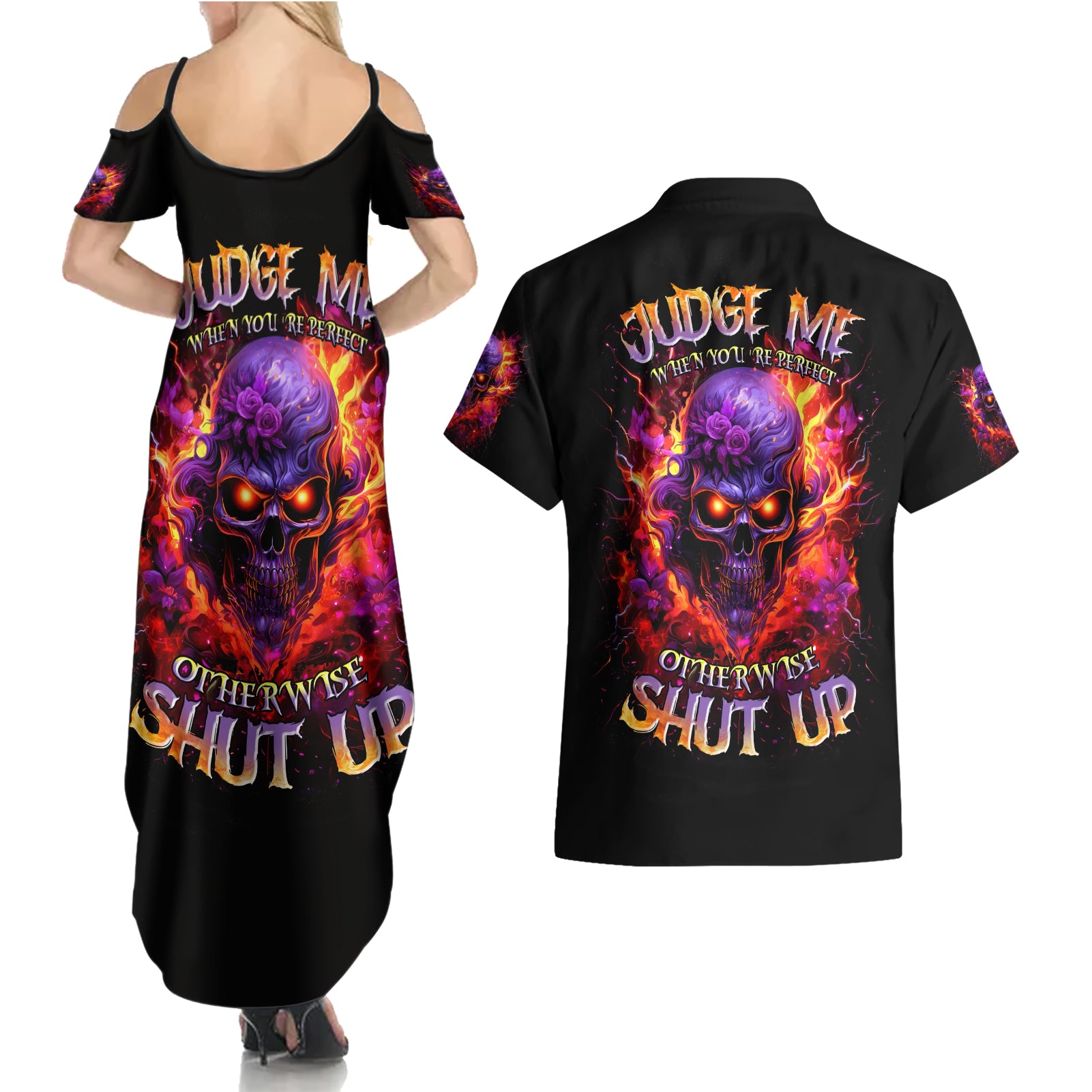 Flame Skull Couples Matching Summer Maxi Dress and Hawaiian Shirt Judge Me When You Reperfect Otherwise Shut Up - Wonder Print Shop