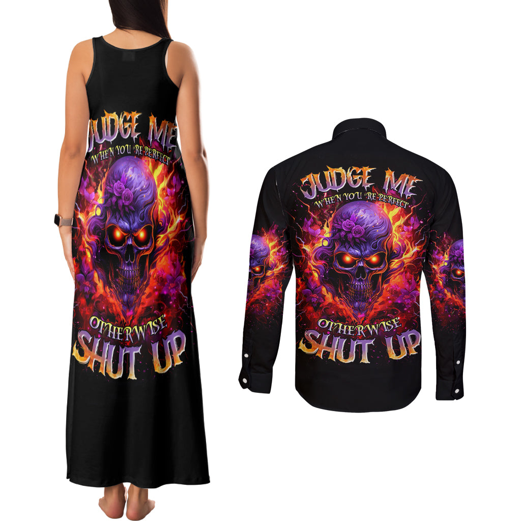 Flame Skull Couples Matching Tank Maxi Dress and Long Sleeve Button Shirt Judge Me When You Reperfect Otherwise Shut Up - Wonder Print Shop