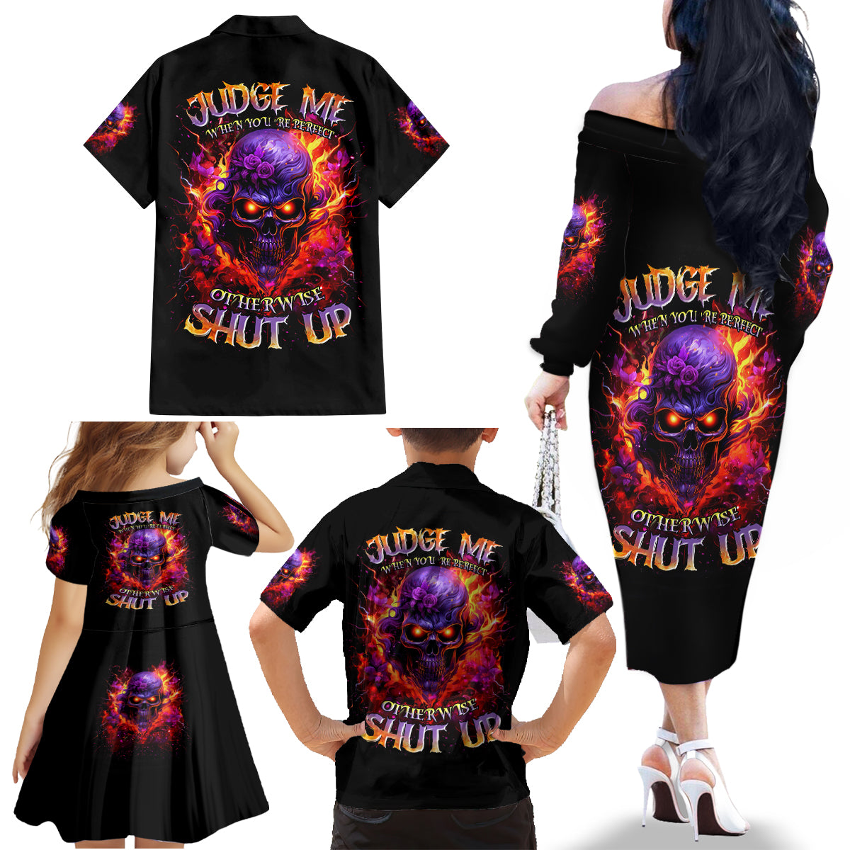 Flame Skull Family Matching Off The Shoulder Long Sleeve Dress and Hawaiian Shirt Judge Me When You Reperfect Otherwise Shut Up - Wonder Print Shop