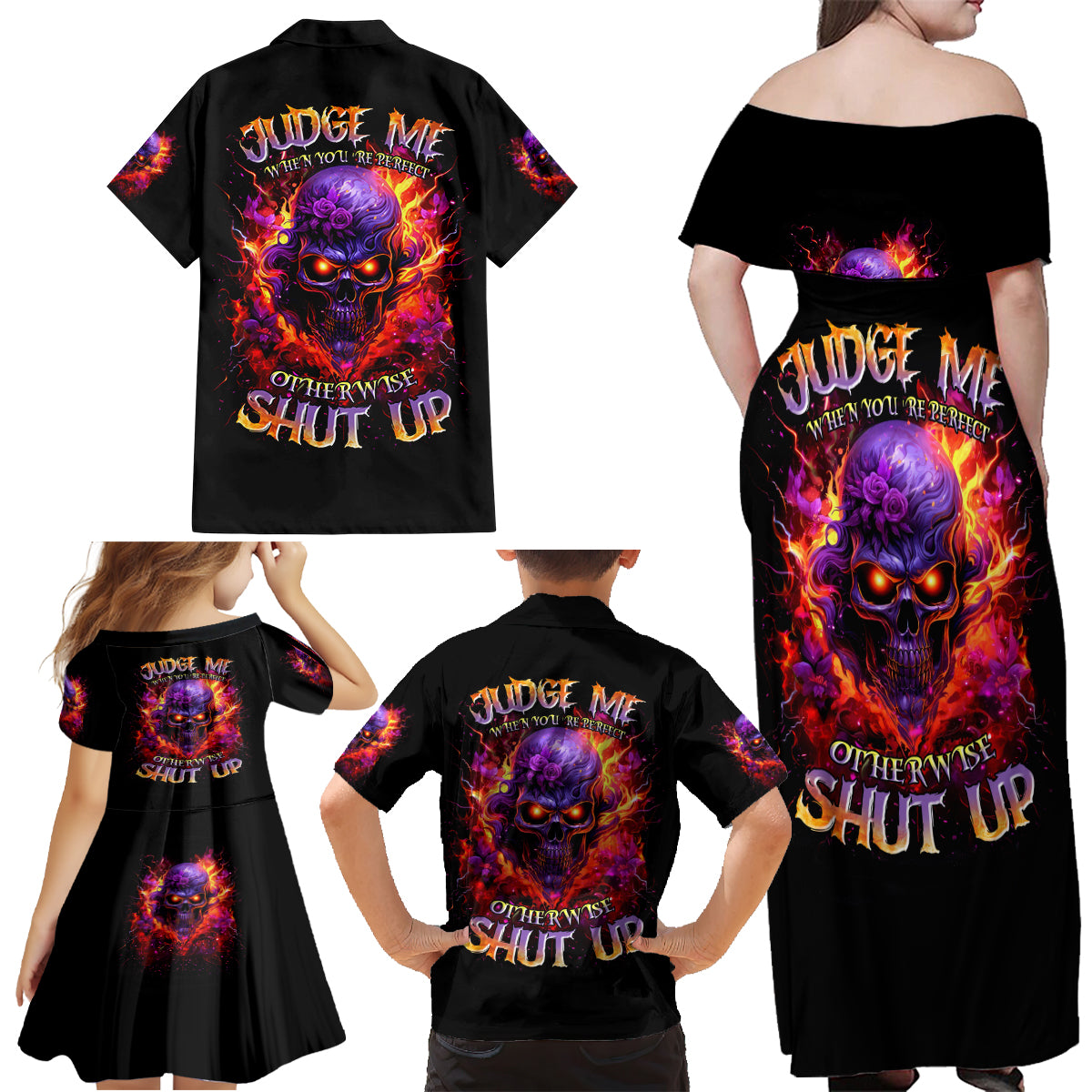 Flame Skull Family Matching Off Shoulder Maxi Dress and Hawaiian Shirt Judge Me When You Reperfect Otherwise Shut Up - Wonder Print Shop