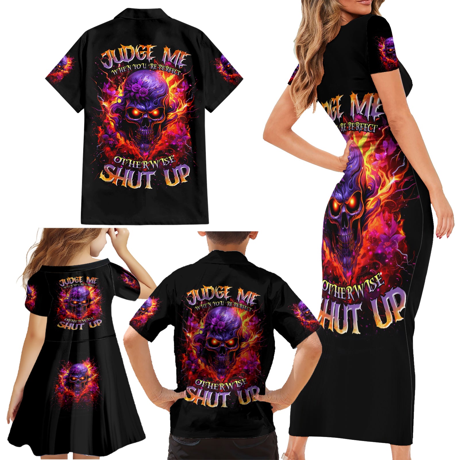 Flame Skull Family Matching Short Sleeve Bodycon Dress and Hawaiian Shirt Judge Me When You Reperfect Otherwise Shut Up - Wonder Print Shop