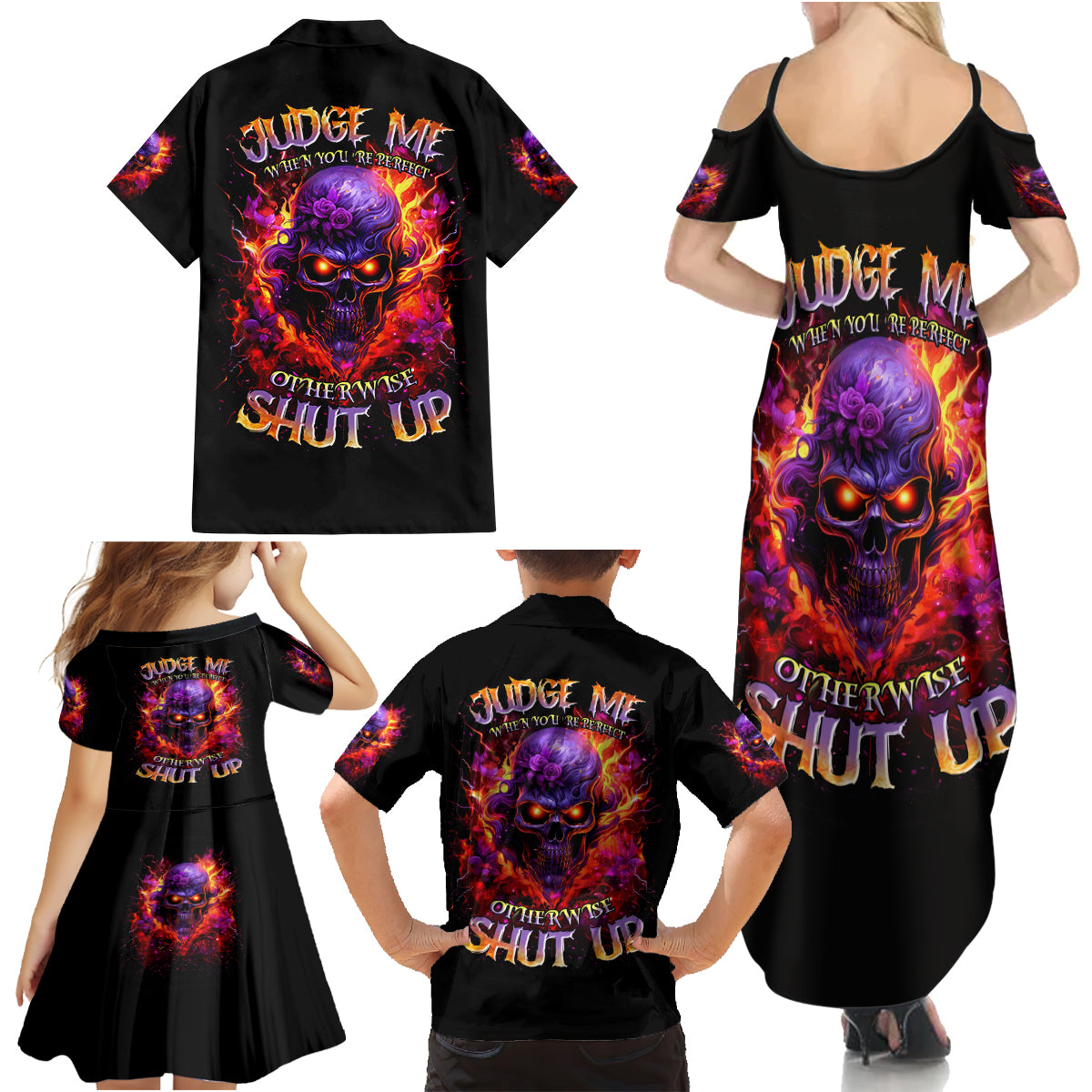 Flame Skull Family Matching Summer Maxi Dress and Hawaiian Shirt Judge Me When You Reperfect Otherwise Shut Up - Wonder Print Shop