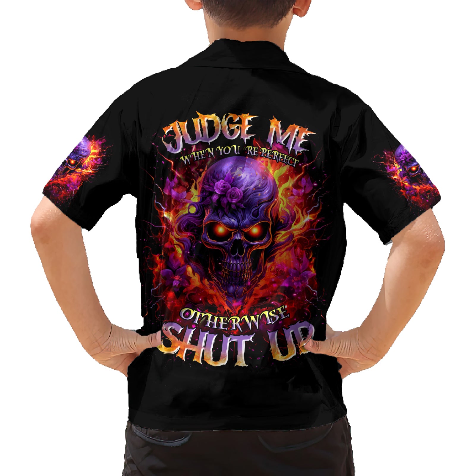 Flame Skull Kid Hawaiian Shirt Judge Me When You Reperfect Otherwise Shut Up - Wonder Print Shop