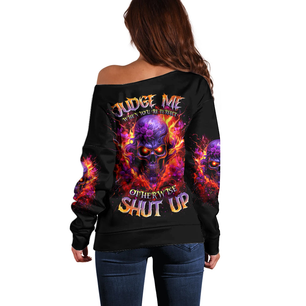 Flame Skull Off Shoulder Sweater Judge Me When You Reperfect Otherwise Shut Up - Wonder Print Shop